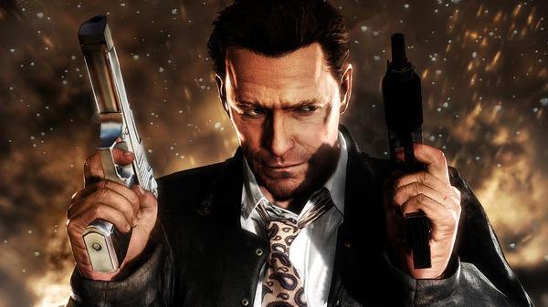 Screenshot from Max Payne 3 showing a character in a leather jacket holding two guns against a dramatic backdrop.