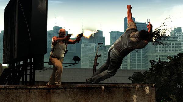 Max Payne 3 screenshot: Max fires a gun at an enemy on a rooftop, with a city skyline in the background.