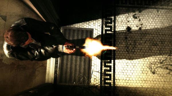 Max Payne 3 screenshot: Overhead view of a character in a leather jacket firing a gun, with dramatic lighting and shadows.