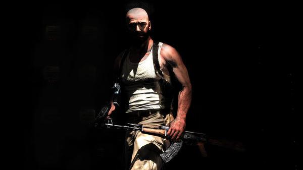 Max Payne 3 screenshot: A man in a white tank top holding a rifle stands against a dark background, ready for action.
