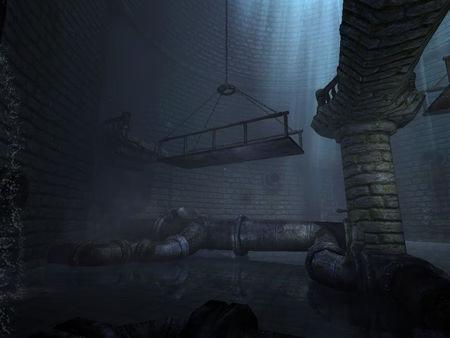 Screenshot from Amnesia: The Dark Descent showing a dimly lit room with stone pillars, pipes, and a suspended metal platform above water.