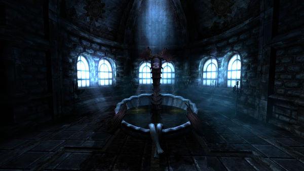 Screenshot from Amnesia: The Dark Descent showing a dimly lit circular room with a central fountain and arched windows casting light beams.
