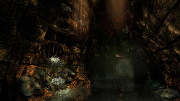Screenshot from Amnesia: The Dark Descent showing a dimly lit stone corridor with water and mushrooms, creating a mysterious atmosphere.