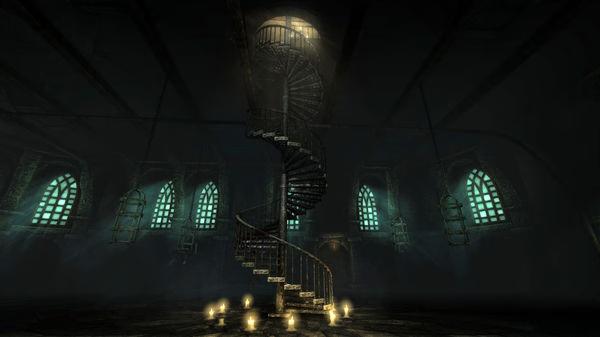 A screenshot from Amnesia: The Dark Descent showing a dimly lit spiral staircase surrounded by glowing candles in a dark hall.