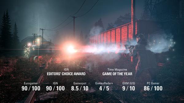 Alan Wake screenshot: A tense scene where the protagonist aims a weapon at shadowy figures in a dark, foggy outdoor setting.