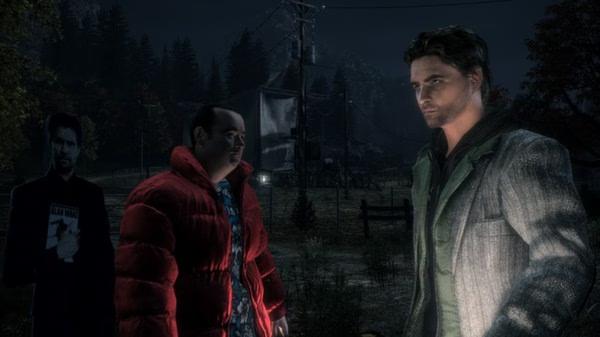 Alan Wake screenshot: Three characters stand outdoors at night near power lines, surrounded by trees and mountains.