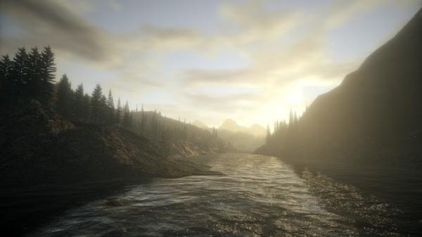 Alan Wake screenshot showing a serene river at sunset, surrounded by mountains and pine trees under a cloudy sky.