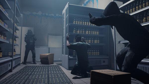 Screenshot from 'Ready or Not' showing a tactical officer aiming at two suspects in a dimly lit convenience store aisle.