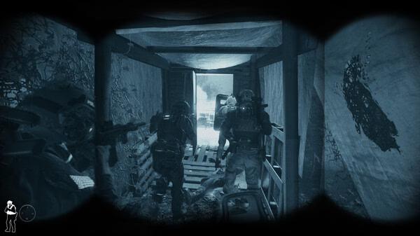 Screenshot from 'Ready or Not' showing a tactical team in night vision, advancing through a dark corridor with weapons drawn.