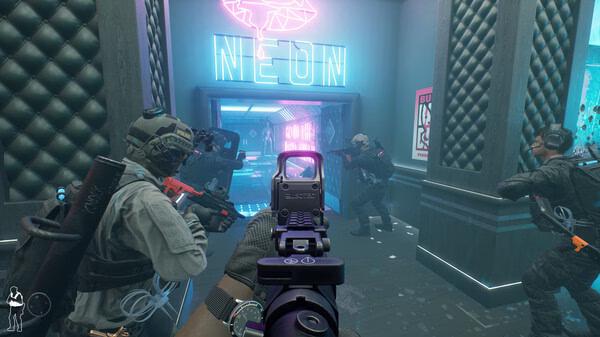 Screenshot of gameplay from Ready or Not showing armed players in tactical gear breaching a neon-lit room with weapons drawn.