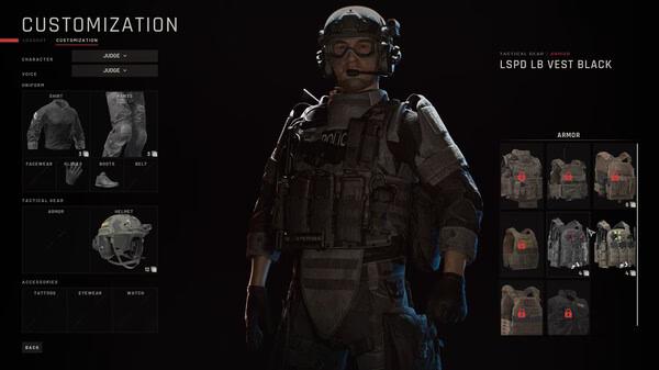 Screenshot from Ready or Not showing the customization menu with a tactical character wearing LSPD LB Vest Black armor.