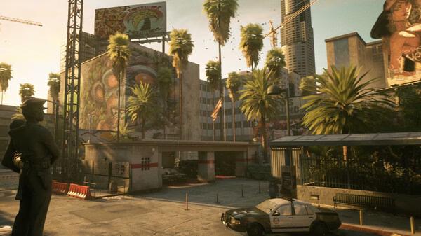 A "Ready or Not" screenshot showing a police officer overlooking a city street with palm trees and graffiti-covered buildings.