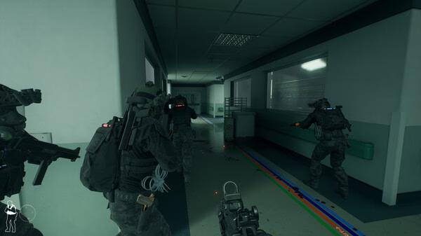 Screenshot from 'Ready or Not' showing a tactical team in a dimly lit corridor, preparing to breach a door in a tense scenario.
