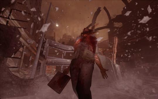 Screenshot from F.E.A.R. 2: Project Origin showing a character in a damaged urban setting, surrounded by debris.
