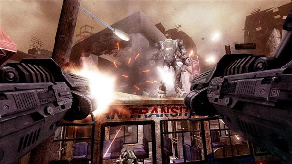 Screenshot from F.E.A.R. 2: Project Origin showing a player firing dual weapons at an imposing mech amidst a chaotic urban setting.