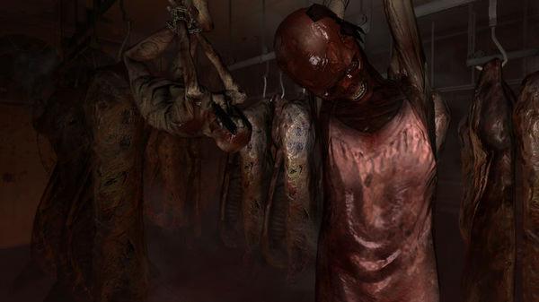 F.E.A.R. 3 screenshot showing a horrifying scene of mutilated, hanging bodies in a dark, eerie room with dim lighting.