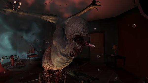 F.E.A.R. 3 screenshot: A grotesque creature with elongated limbs and a gaping mouth lurks in a dimly lit, chaotic room.