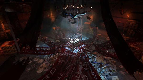 F.E.A.R. 3 screenshot: A dimly lit room with scattered papers, boxes, and a central spotlight illuminating a cage.