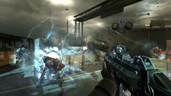 F.E.A.R. 3 screenshot: A player holds a gun, facing soldiers amid a chaotic scene with electricity and explosions in a dark, industrial setting.