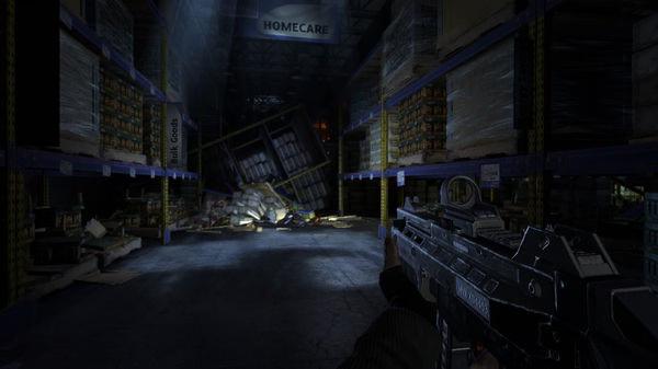 F.E.A.R. 3 screenshot: A dark warehouse scene with a soldier holding a gun, surrounded by debris and stacked shelves.