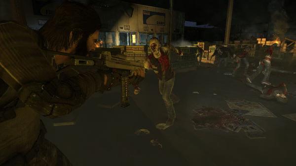 F.E.A.R. 3 screenshot: A player aims a weapon at approaching zombies in a dimly lit, chaotic warehouse setting.