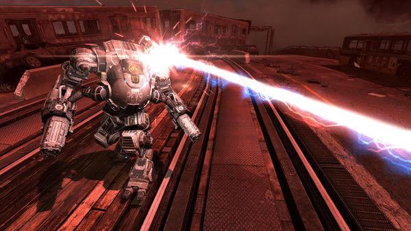 A F.E.A.R. 3 screenshot showing a mech firing a laser beam on a damaged train track in a desolate, red-tinted environment.
