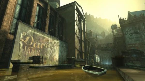 Dishonored screenshot showing a moody, sunlit canal scene with a small boat and industrial buildings lining the waterway.