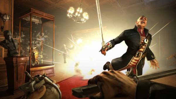 Dishonored screenshot: A character wields a sword and grenade in a dramatic scene with an explosion in a grand room.