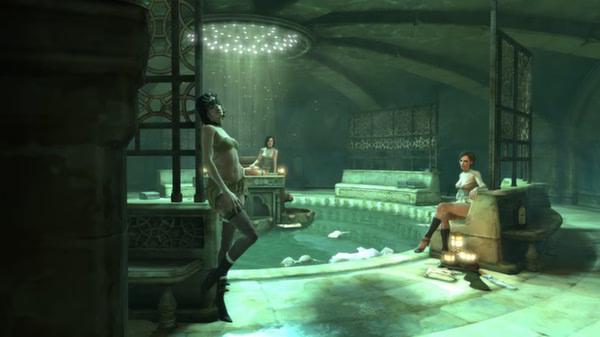 Dishonored screenshot: Three women in a dimly lit bathhouse, surrounded by ornate decor and soft lighting.