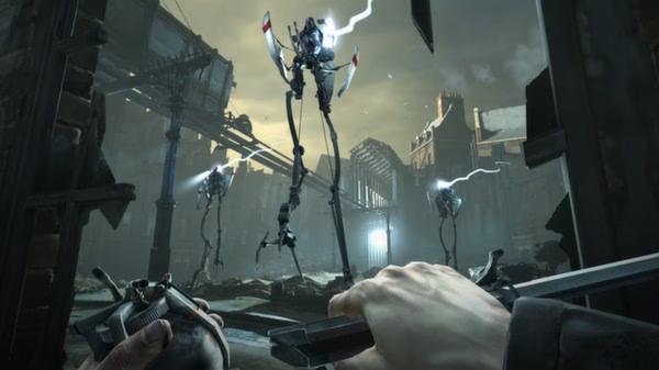 Screenshot from Dishonored showing a player's hands holding weapons as robotic enemies approach in a dystopian cityscape.