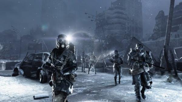 Screenshot from Metro 2033 Redux showing armed soldiers in gas masks walking through a snowy, post-apocalyptic cityscape.