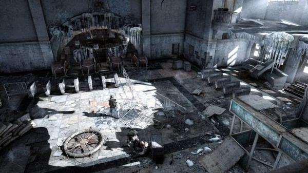 Screenshot from Metro 2033 Redux showing a dilapidated, icy hall with scattered debris and a lone figure in the center.