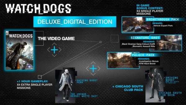 Watch Dogs screenshot showing a digital edition menu with game packs, rewards, and character outfits available for selection.