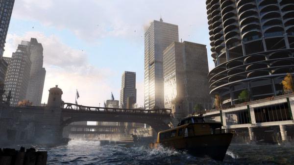 Watch Dogs screenshot: A boat navigates a river in a cityscape with tall buildings and a bridge under a cloudy sky.