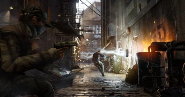 A 'Watch Dogs' screenshot showing a character in a cap with a gun, using a device. Another person runs down a dimly lit alley.