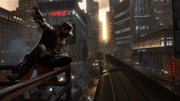 A Watch Dogs screenshot showing a masked character perched on a railing above a train in a bustling cityscape at sunset.