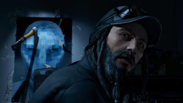 Watch Dogs screenshot: A character in a cap and headphones focuses on equipment in a dimly lit room with a globe poster.