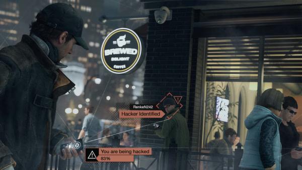 Screenshot from Watch Dogs showing a character hacking another person on a busy city street at night.