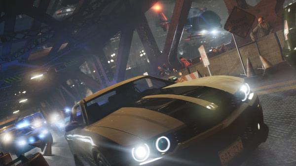 A Watch Dogs screenshot featuring a sports car speeding under a bridge, pursued by police vehicles and a helicopter above.