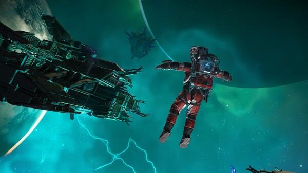 A screenshot from No Man's Sky showing a player in a red spacesuit floating near a spaceship in a vibrant green cosmic scene.