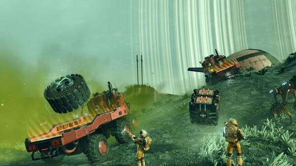 Screenshot from No Man's Sky showing astronauts exploring an alien planet with a rugged terrain vehicle and a spaceship in the background.
