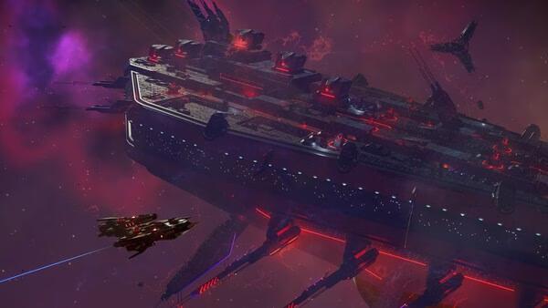 Screenshot from No Man's Sky showing a massive spaceship with glowing red lights in space, accompanied by smaller ships against a nebula backdrop.