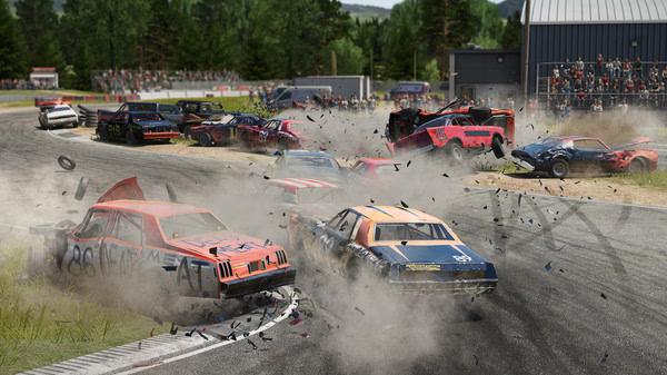 Wreckfest screenshot: A chaotic demolition derby scene with multiple cars colliding on a dirt track, debris flying everywhere.
