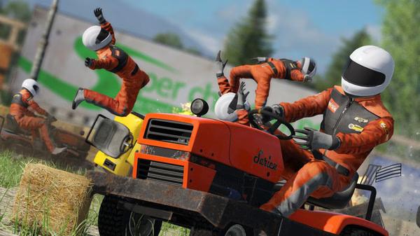 Wreckfest screenshot: Players in racing suits fly off ride-on lawnmowers during a chaotic race, with hay bales scattered around.
