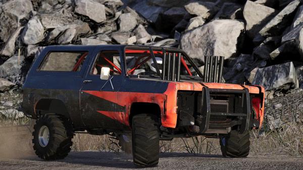 Wreckfest screenshot: A rugged, heavily damaged SUV with large tires and a reinforced front grill parked near rocky terrain.