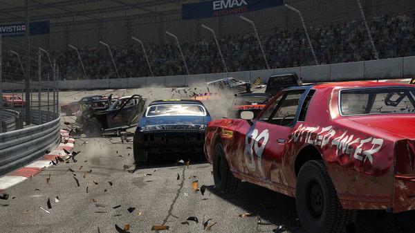 Wreckfest screenshot showing a chaotic demolition derby with damaged cars colliding, debris flying, and a packed stadium in the background.
