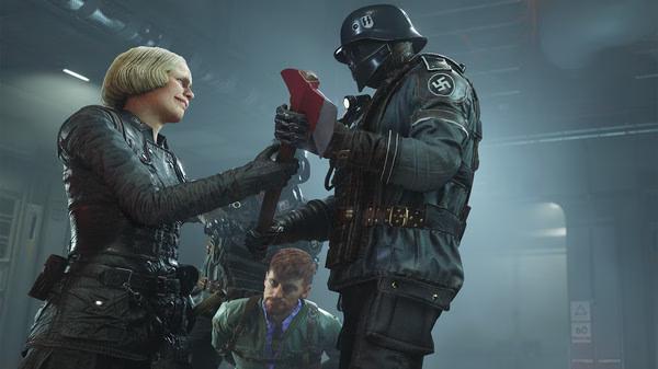 Screenshot from Wolfenstein II: The New Colossus showing a confrontation between a resistance fighter and a Nazi officer.
