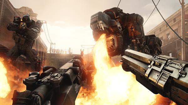Screenshot from Wolfenstein II: The New Colossus showing two giant mechs in battle amidst explosions in a cityscape.