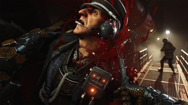 Screenshot from Wolfenstein II: The New Colossus showing an intense combat scene with a soldier attacking an armored enemy.