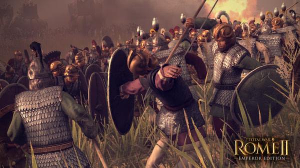 Total War: Rome II - Emperor Edition screenshot showing intense battle scene with soldiers clashing in armor and helmets.